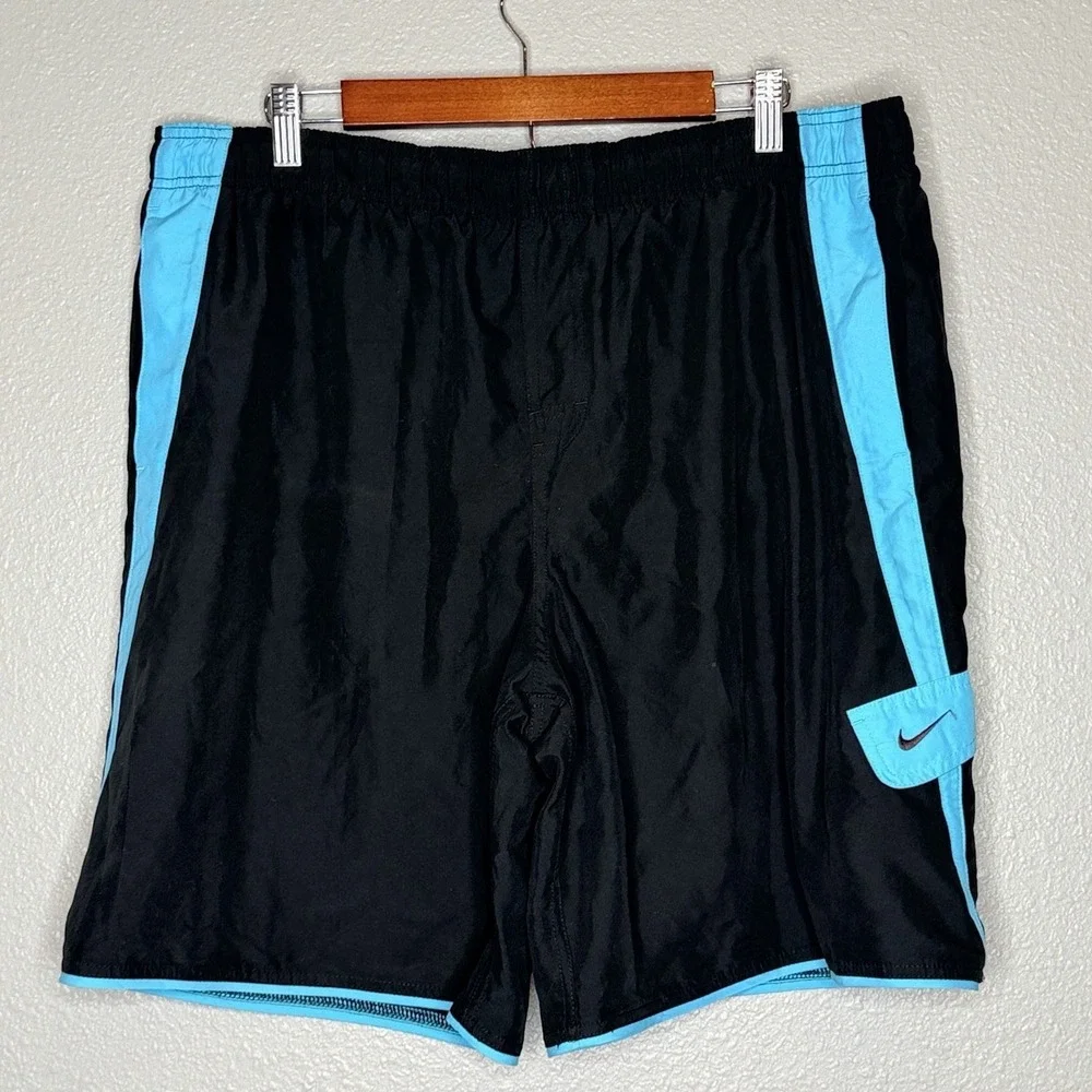 Nike Swim‎ Trunks XL Black Teal Colorblock Swoosh Lined Beach Y2K Athletic